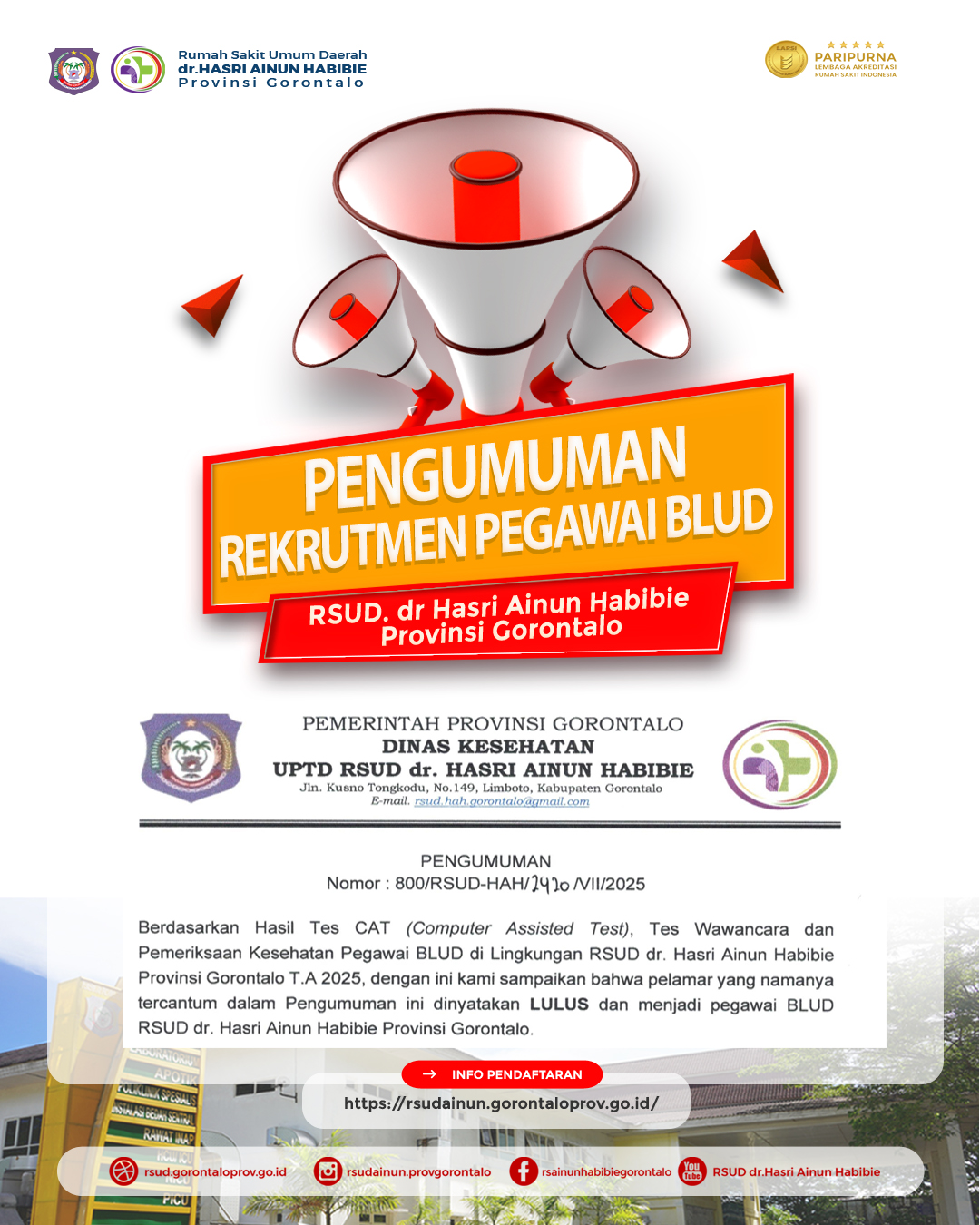 Pengumuman Hasil Tes Kelulusan Pegawai BLUD di Lingkungan RSUD dr. Hasri Ainun Habibie Provinsi Gorontalo T.A 2025
