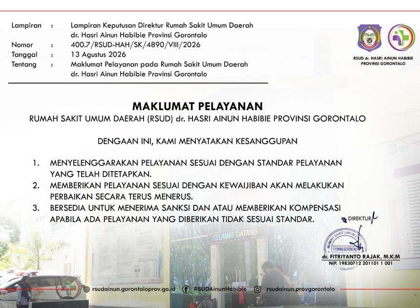 Maklumat Pelayanan RSUD dr. Hasri Ainun Habibie Provinsi Gorontalo