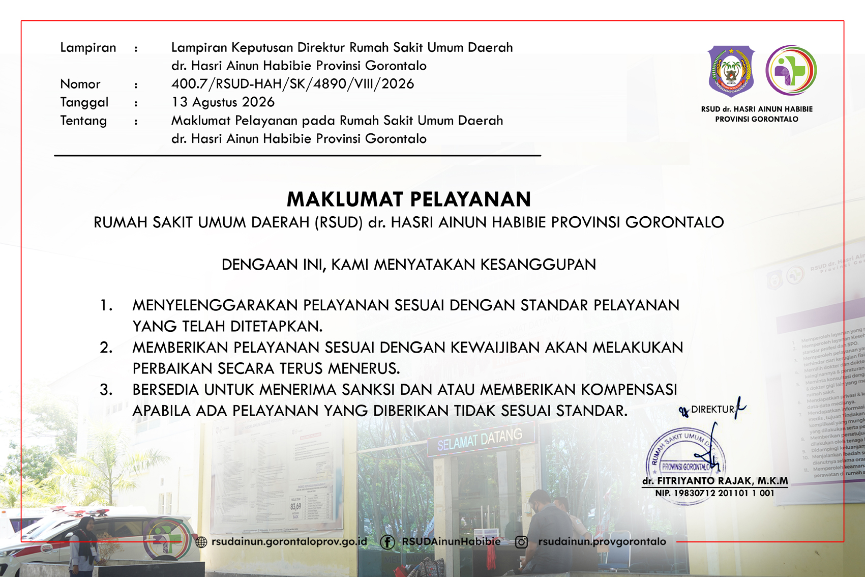 Maklumat Pelayanan RSUD dr. Hasri Ainun Habibie Provinsi Gorontalo