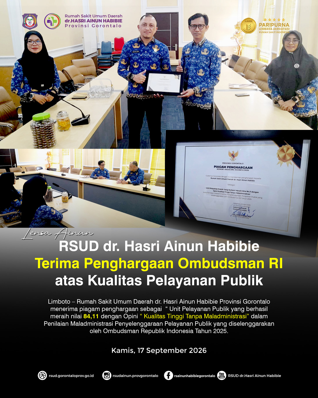 RSUD dr. Hasri Ainun Habibie Terima Penghargaan Ombudsman RI atas Kualitas Pelayanan Publik