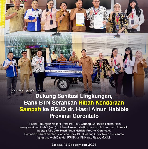 Dukung Sanitasi Lingkungan, Bank BTN Serahkan Hibah Kendaraan Sampah ke RSUD dr. Hasri Ainun Habibie