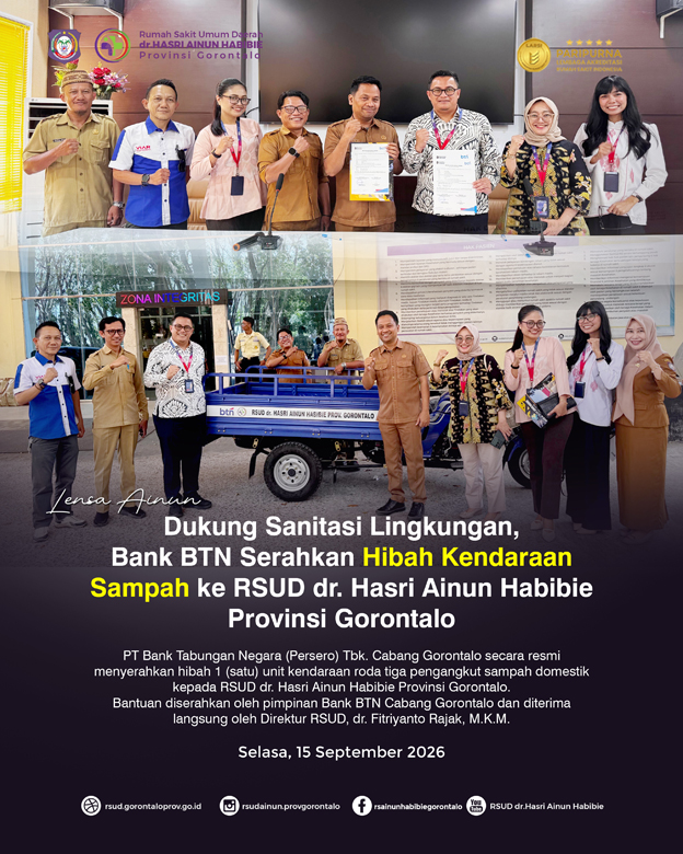Dukung Sanitasi Lingkungan, Bank BTN Serahkan Hibah Kendaraan Sampah ke RSUD dr. Hasri Ainun Habibie
