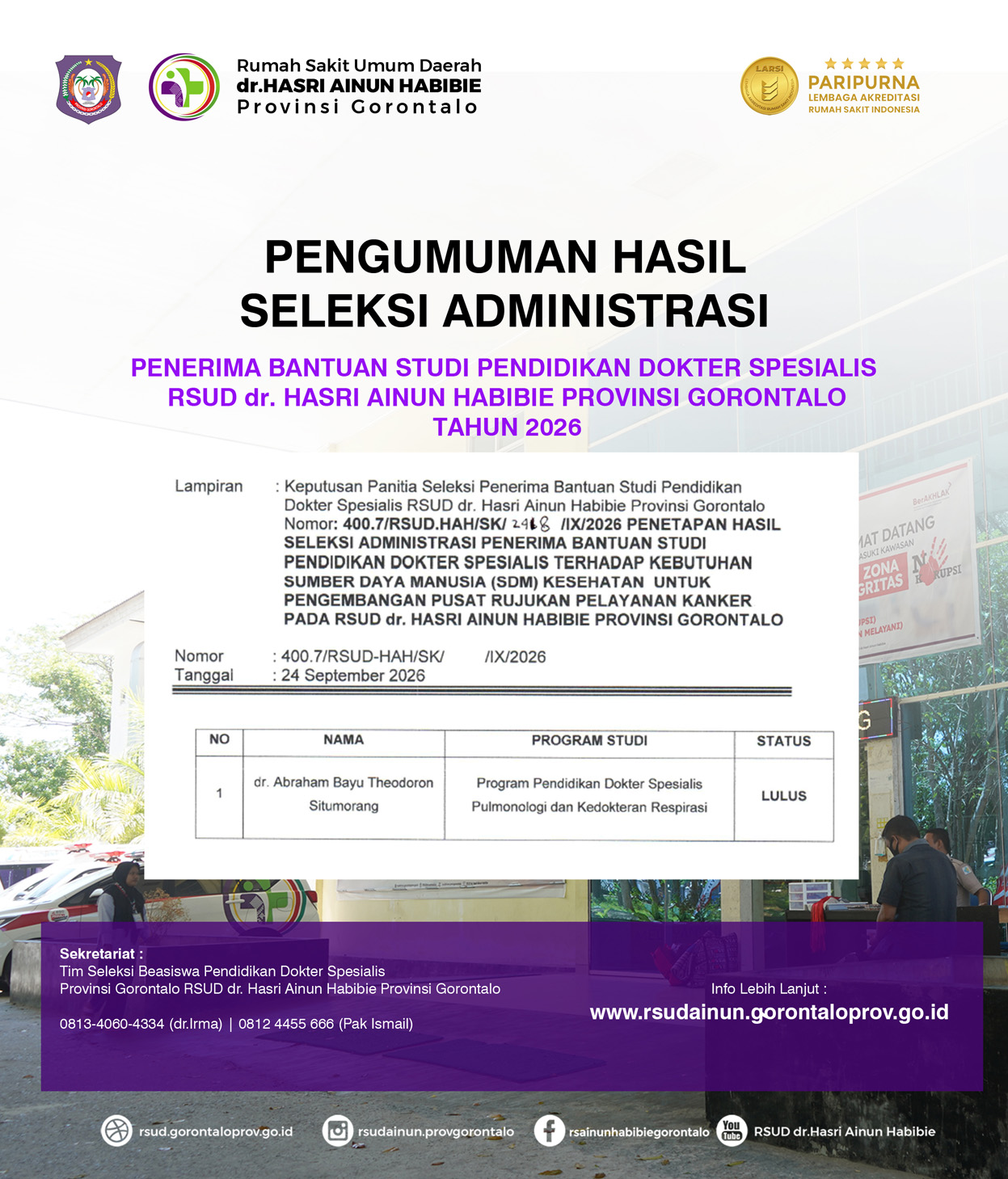 PENGUMUMAN hasil seleksi administrasipenerima bantuan studi pendidikan dokter spesialis rsud dr. hasri ainun habibie Provinsi Gorontalo Tahun 2026